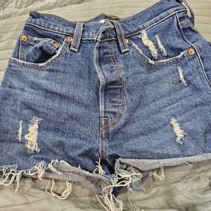 High-Rise Distressed Denim Jean Shorts in Medium Blue